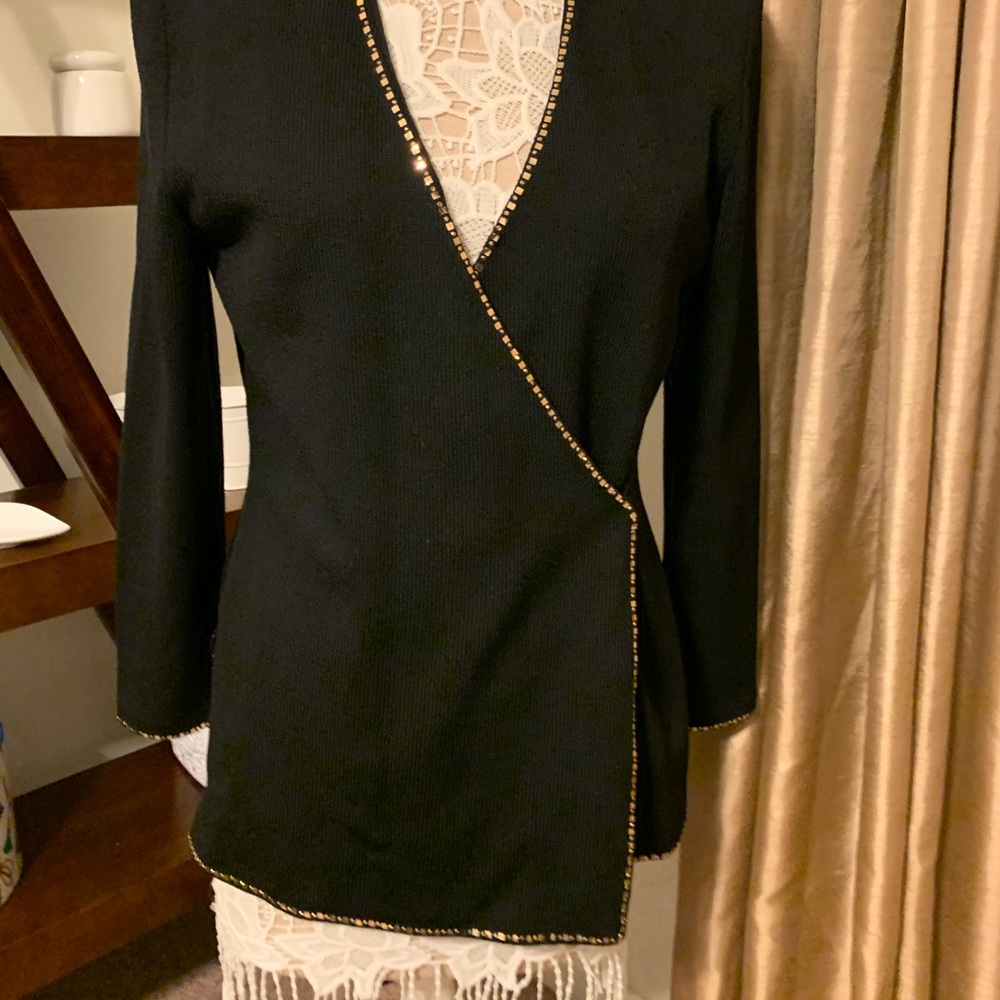 St. John Black Knit Wrap Blazer with Gold Trim